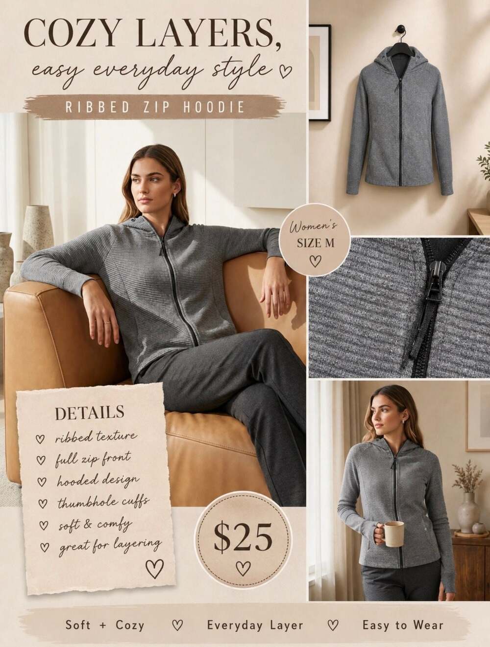 Stoic Women’s Gray Ribbed Full Zip Hoodie Size M